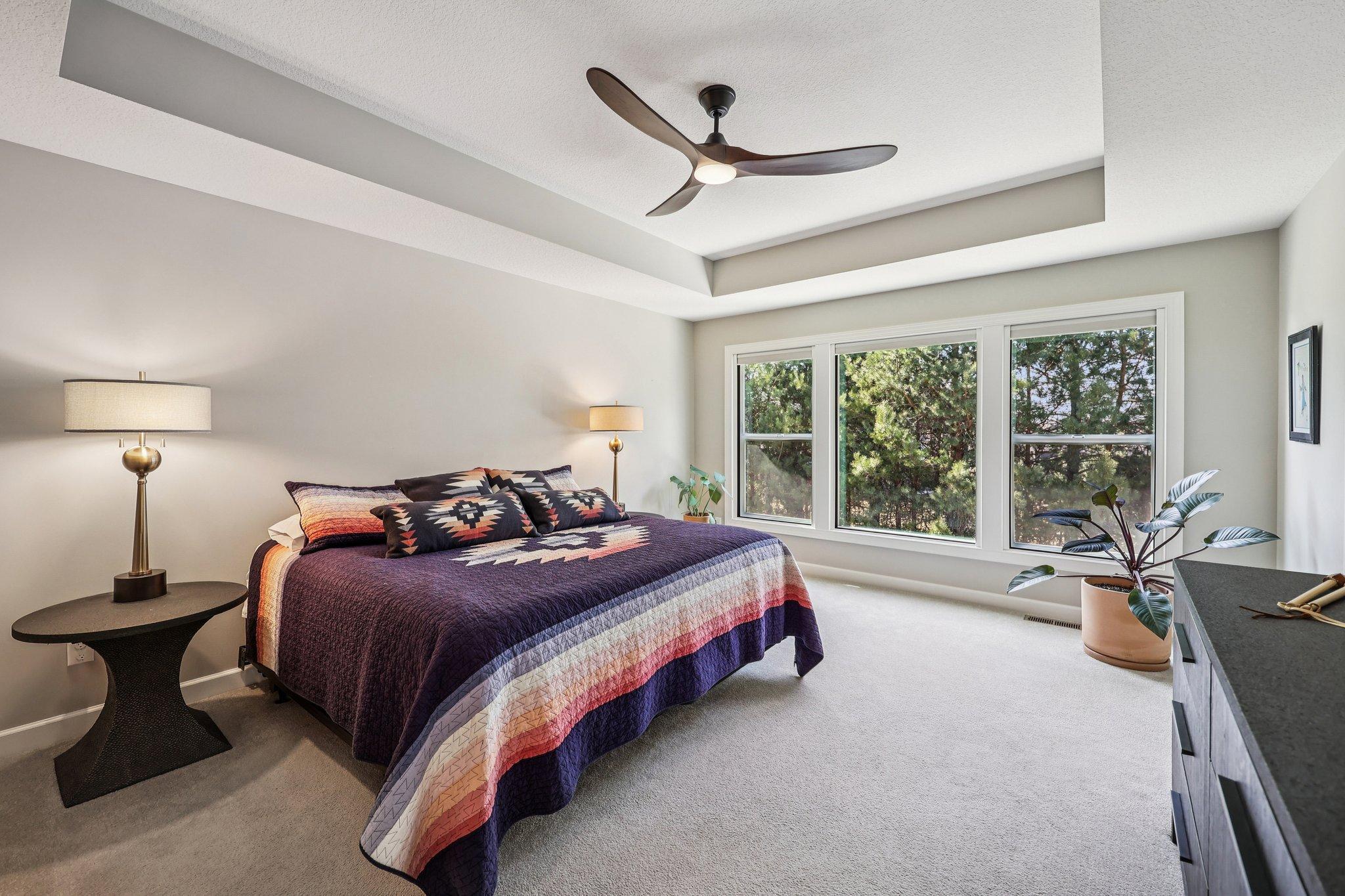 Private owner’s suite featuring tray ceiling detail and large windows overlooking the backyard.