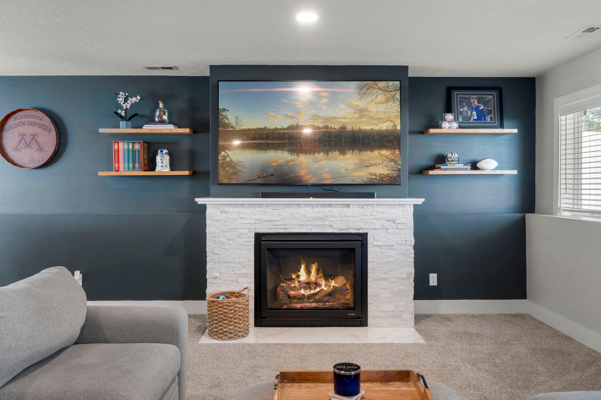 Gas fireplace warms the lower level