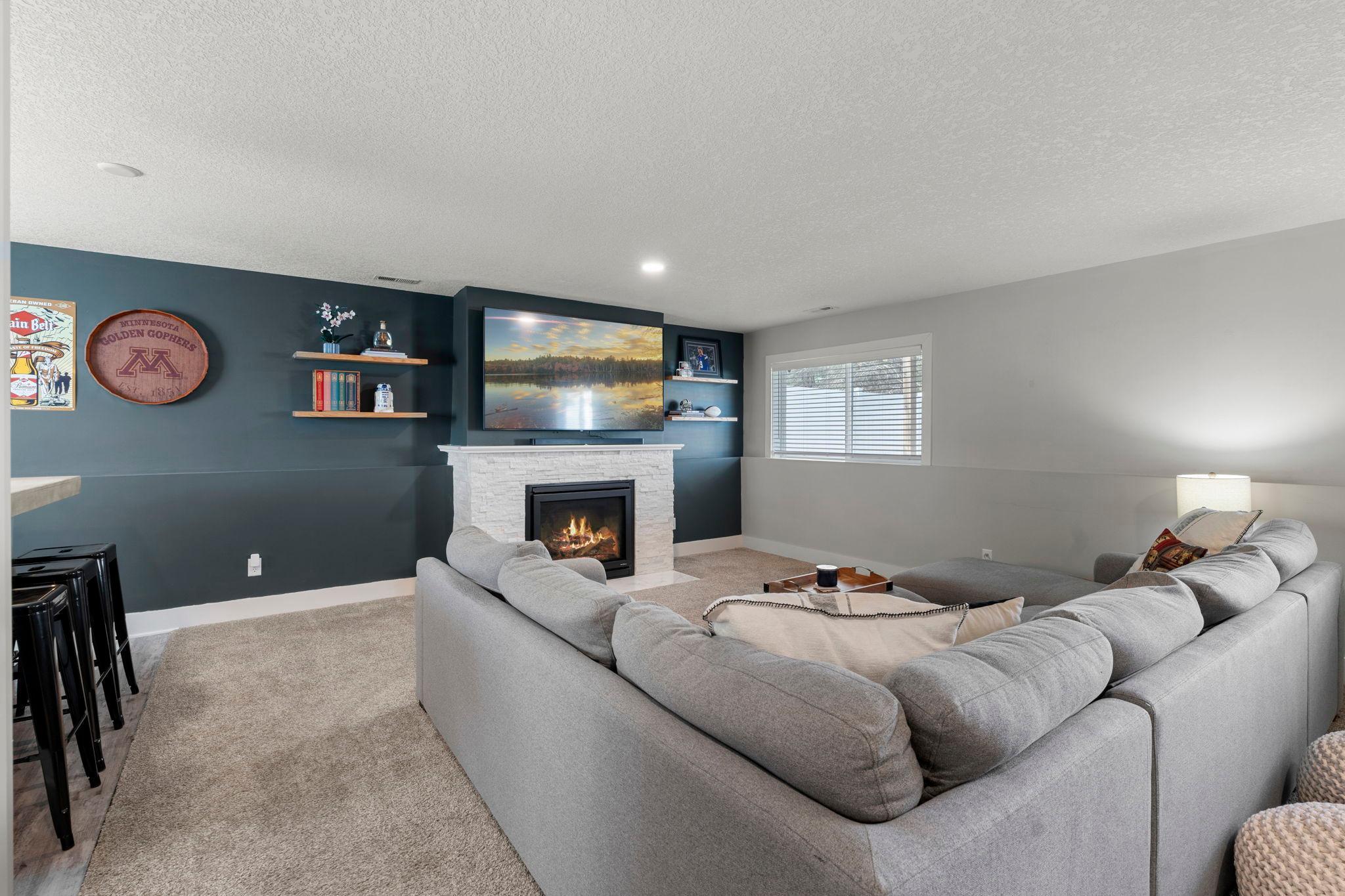 Cozy up on the couch and enjoy the fireplace