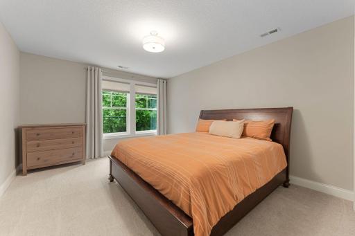 Bedroom 2 on the lower level has views of the backyard.