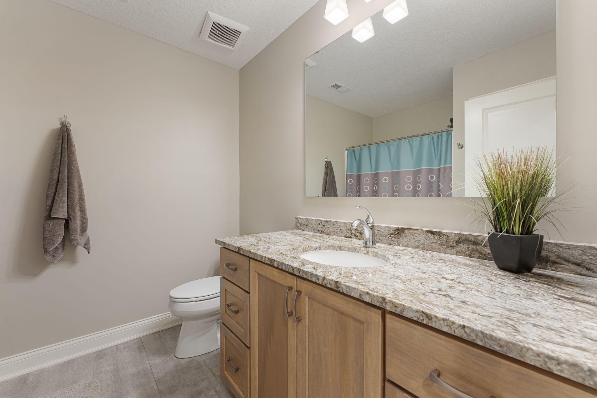 Lower level, full bathroom - equipped with a linen closet/behind the door.
