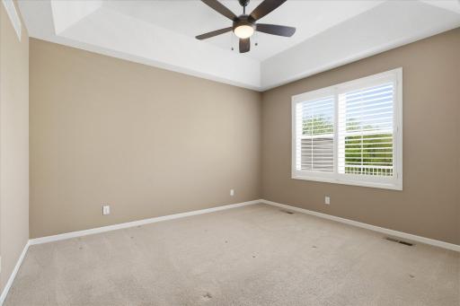 Primary bedroom showing the windows over looking the deck and back views. Also the nicely done tray vault ceiling