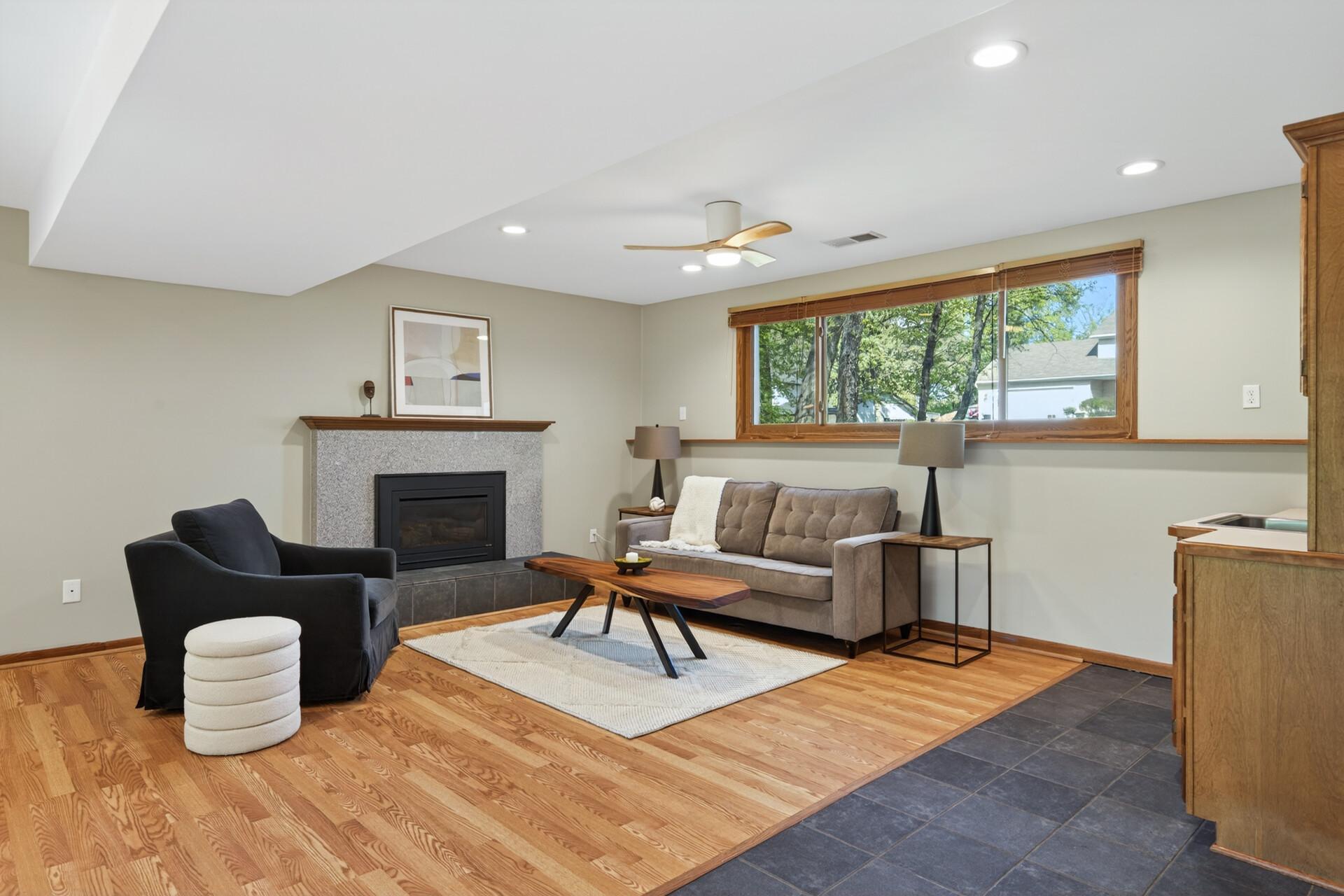Lower Level Family Room with Gas-Burning Fireplace