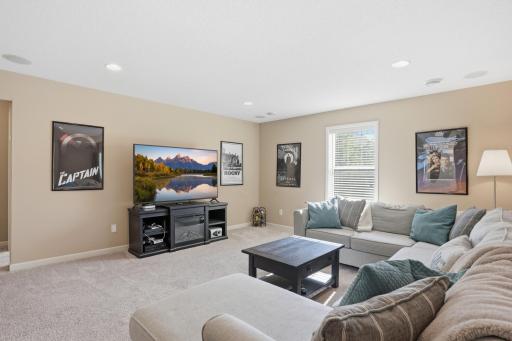 Cozy lower-level family room with plenty of space for oversized seating and movie nights.