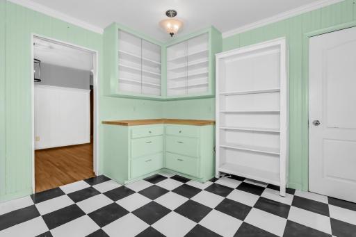 Butcher Block Counters and Glass Cabinets