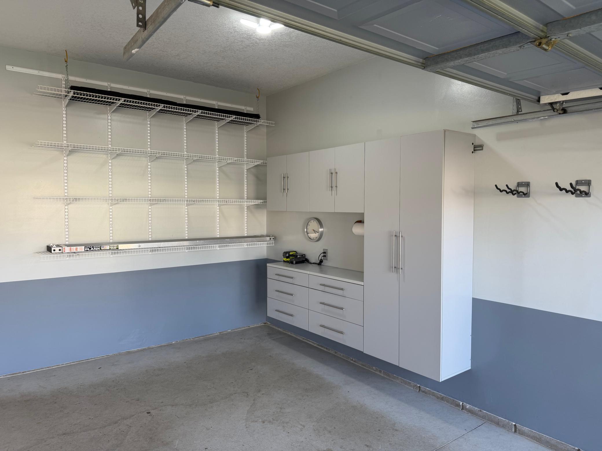 Floating cabinets and mounted shelving will make organization a breeze.