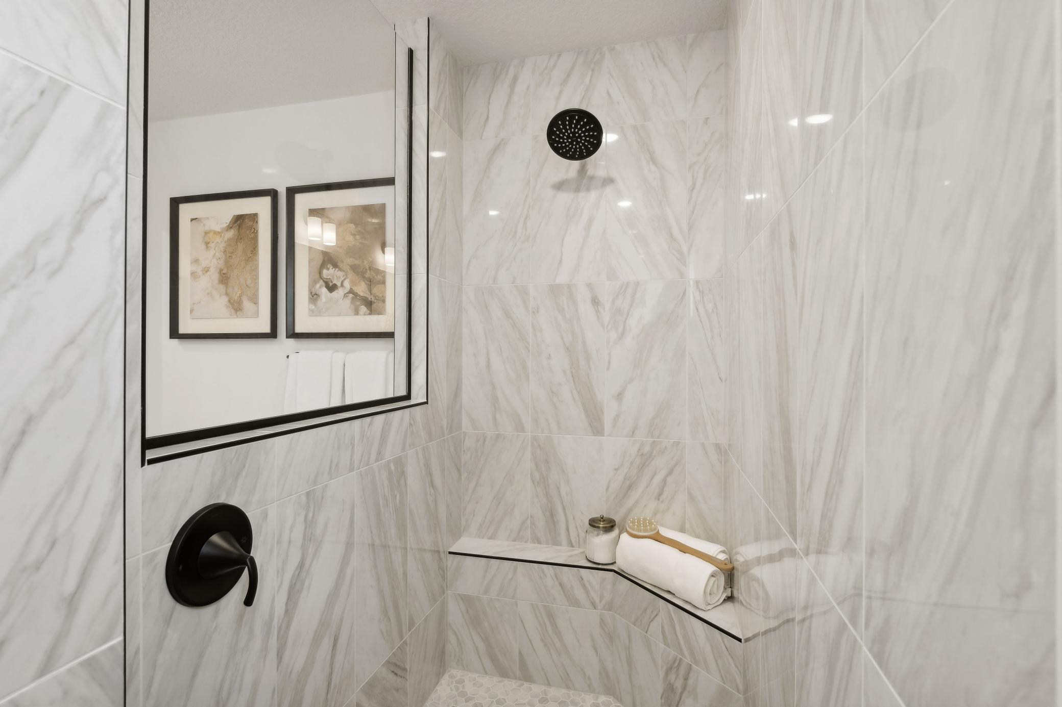 (Photo of a decorated model, actual homes finishes will vary) The serenity shower.