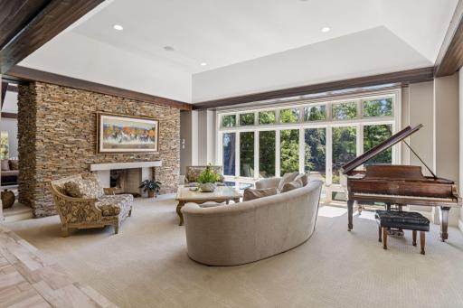 Slate surround gas fireplace and room for a piano