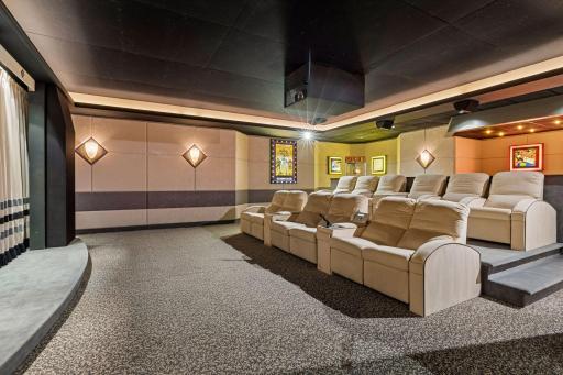 Experience movie nights like never before in this private theater, complete with soundproof walls, plush reclining chairs, a projector screen with remote-controlled curtains, and authentic cinema-inspired details throughout
