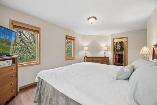 Primary bedroom with view into walk-in closet.