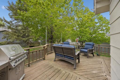 Relax or grill on the spacious backyard deck surrounded by mature trees and peaceful views in a beautifully private setting.