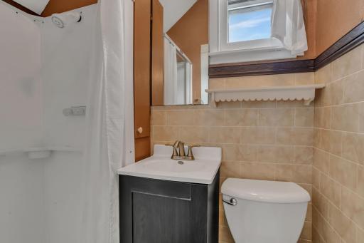 The 3 piece bathroom is small, but functional.