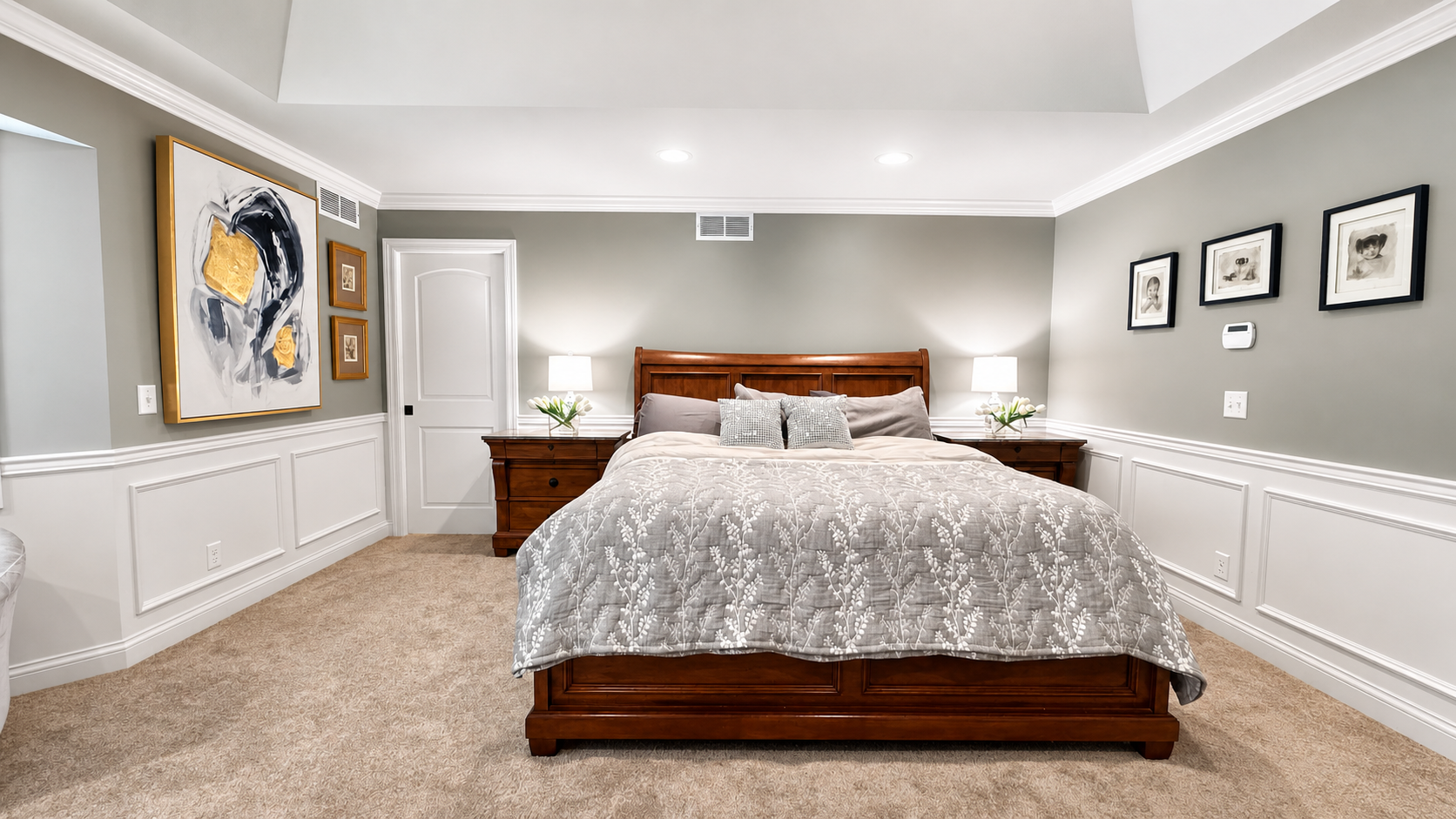 8140 134th St W - Upstairs Owner's Ensuite with gas fireplace, Hunter Douglas plantation blinds, tray ceiling, custom private bathroom and walk-in closet with built-ins.