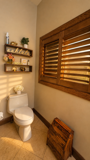 8140 134th St W - Main floor half bathroom featuring tiled floors, floating shelves, pedestal sink, Hunter Douglas plantation blinds, and a pocket door.