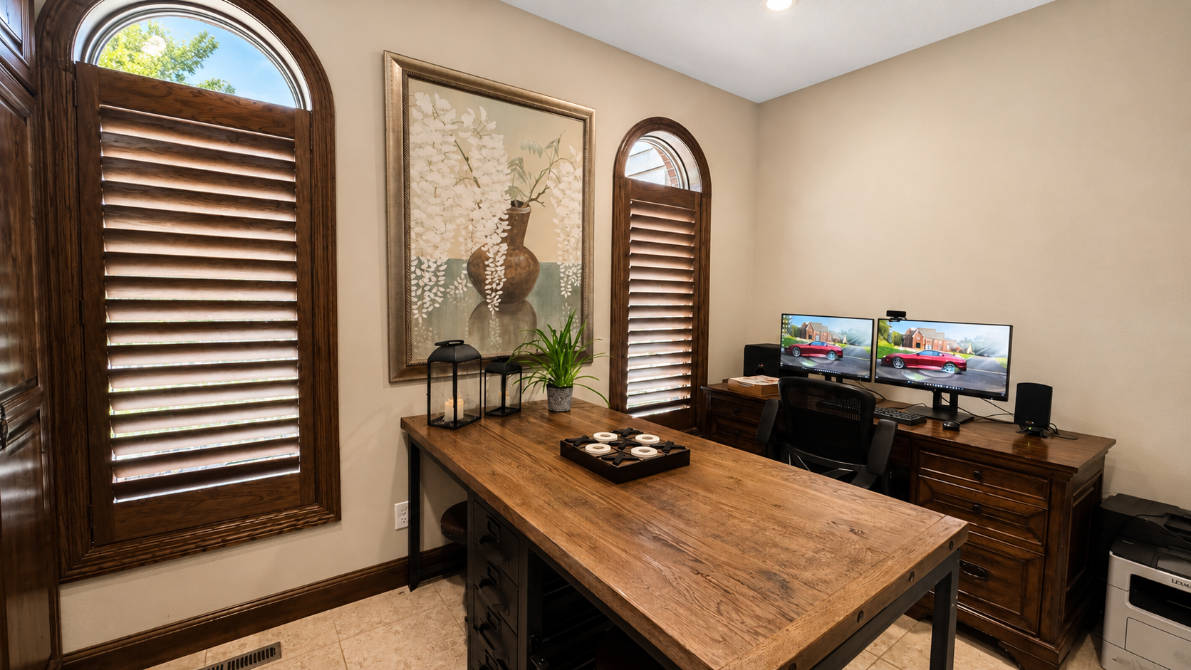 8140 134th St W - Main floor office featuring tiled floors, large windows overlooking your front yard. Frequent visits from local deer and turkey. Custom Hunter Douglas Plantation wooden blinds.