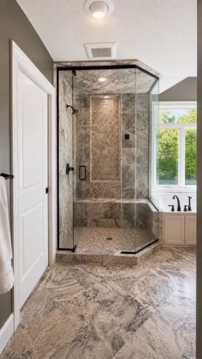 8140 134th St W - Custom tiled owner's ensuite walk-in shower with glass enclosure. Potential for future steam shower.