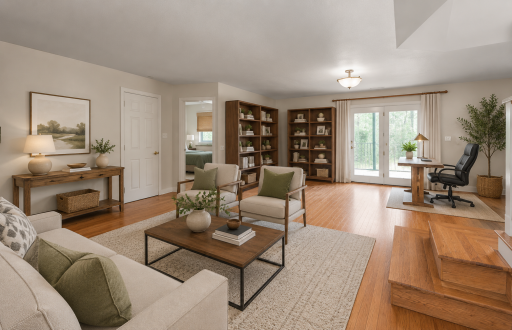 Virtually staged family room looking at 3 season