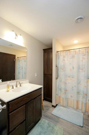 Primary bath with dark cabinetry and separate shower.