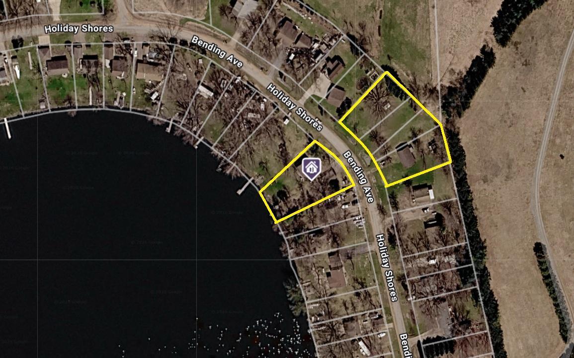 Aerial overview showing the lakefront parcel and the 4 additional back parcels included with the property.