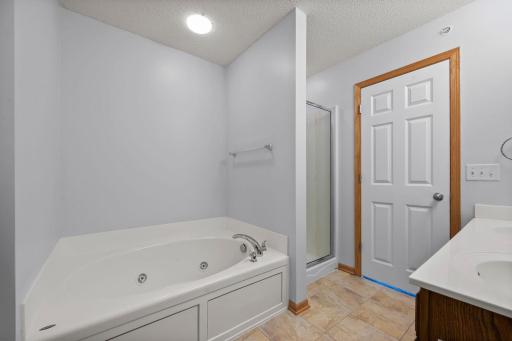 Relax in the primary suite's jetted soaking tub, complemented by a separate walk-in shower.