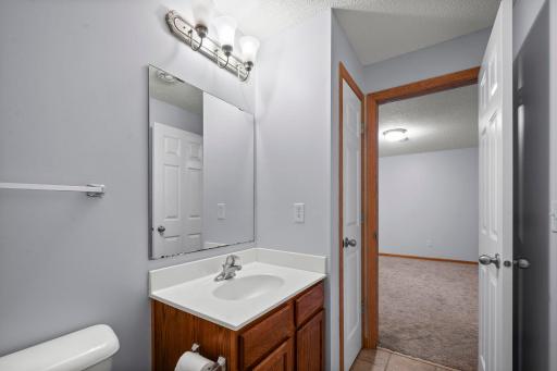 The lower-level bathroom is complete with a wood vanity, large mirror, and bright lighting.