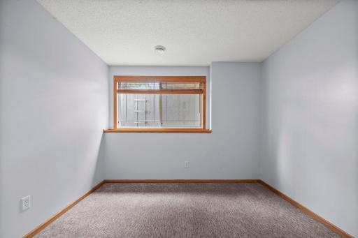 This fourth bedroom is located on the lower level and features neutral paint, plush carpeting, and a daylight window.