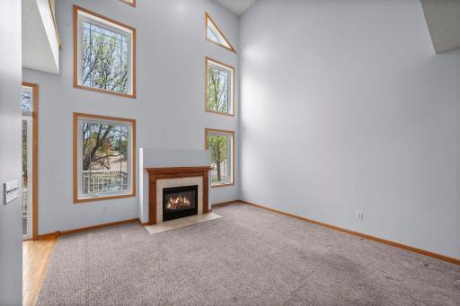 Bright and airy living space featuring a warm fireplace and large windows with serene views of the outdoors.