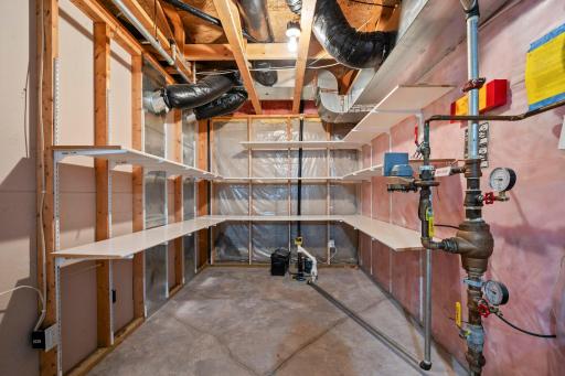 The unfinished portion of the basement provides a massive amount of storage space with built-in shelving.
