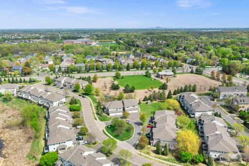 Beautifully composed aerial view showing the harmony between the residential architecture and surrounding nature.