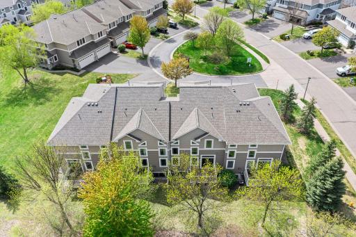 Bird's-eye aerial view of the full building structure and its prime location within the quiet cul-de-sac.