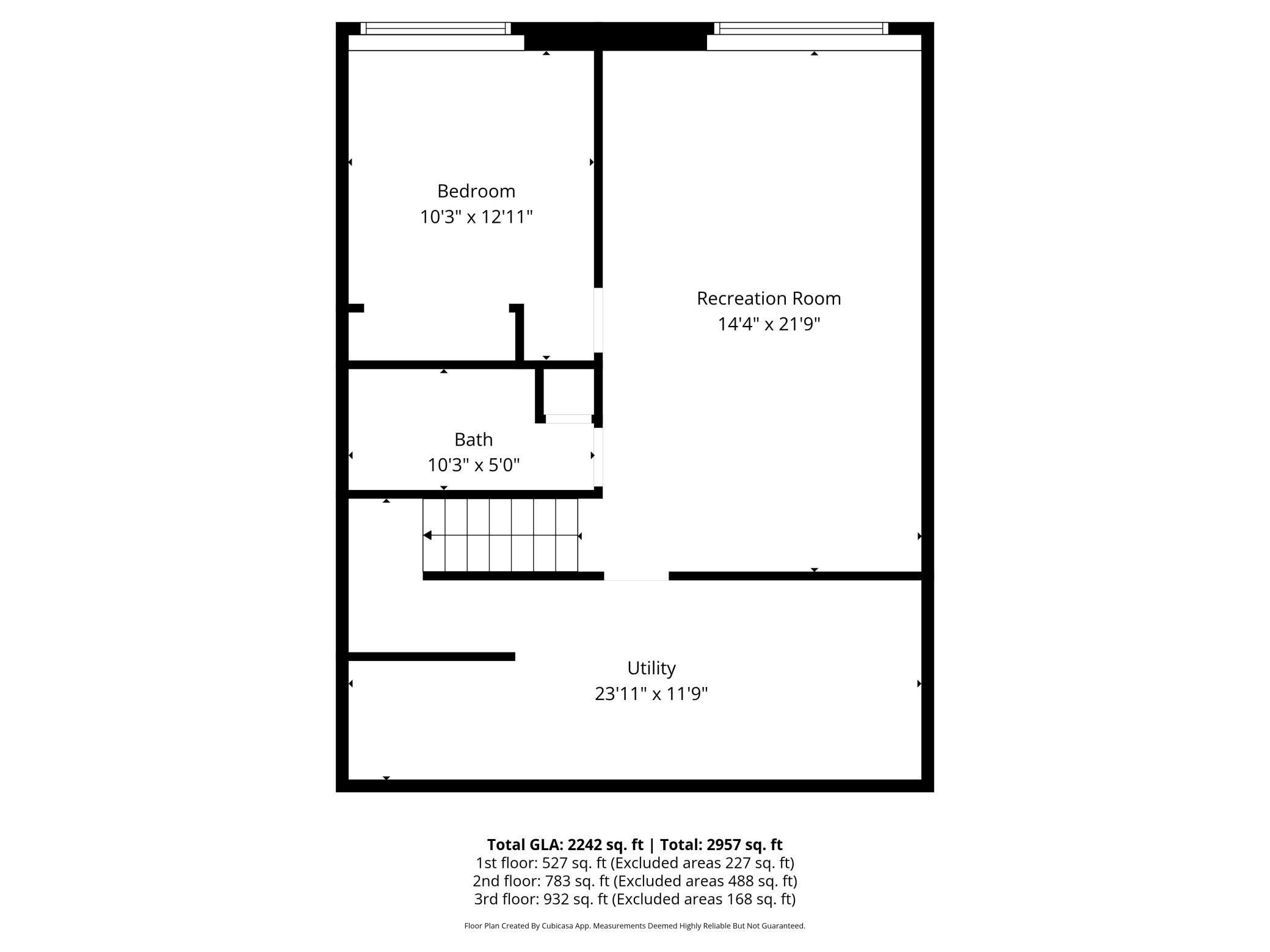 Detailed 1st-floor layout featuring a bedroom, recreation room, full bath, and utility space.