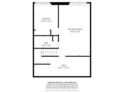 Detailed 1st-floor layout featuring a bedroom, recreation room, full bath, and utility space.