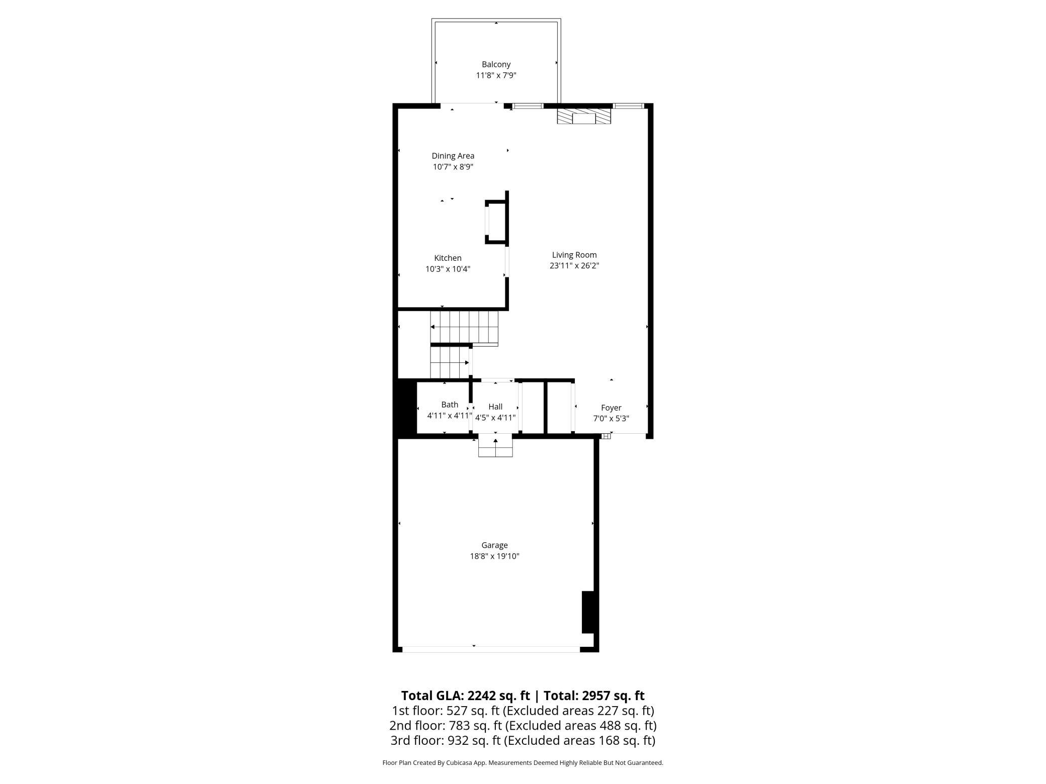 Comprehensive 2nd-floor plan showing the living room, kitchen, dining area, balcony, and attached garage.