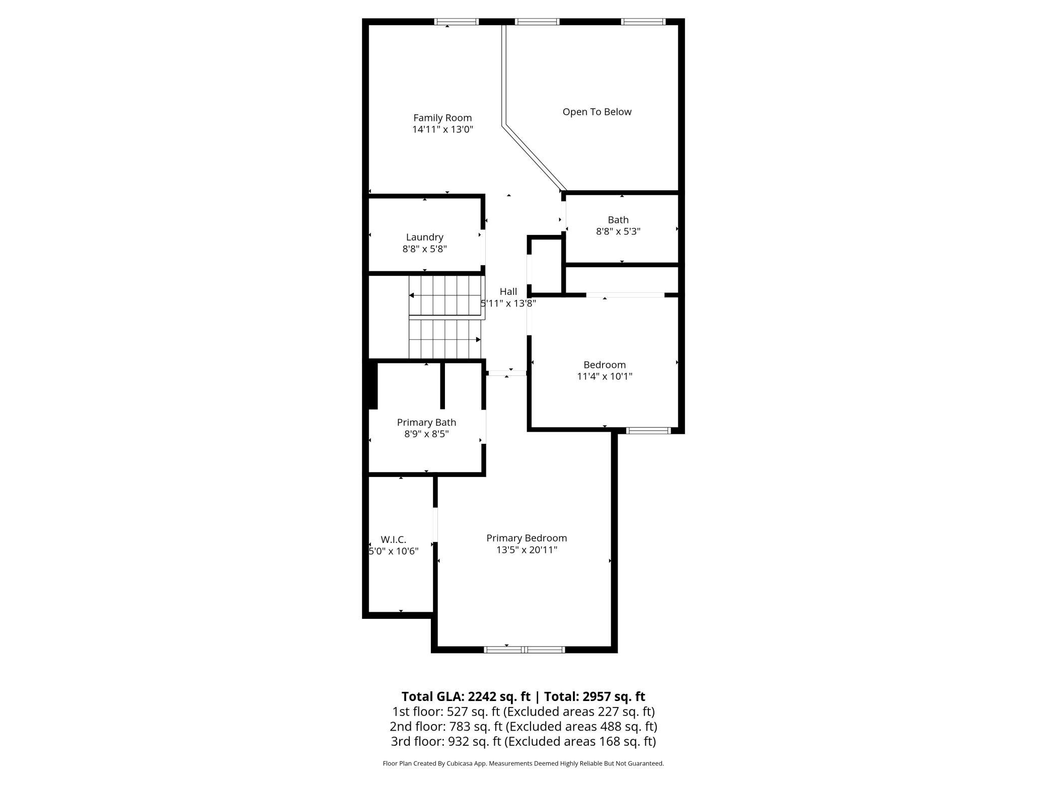3rd-floor schematic highlighting the primary suite with a walk-in closet, an additional bedroom, family room, and laundry.