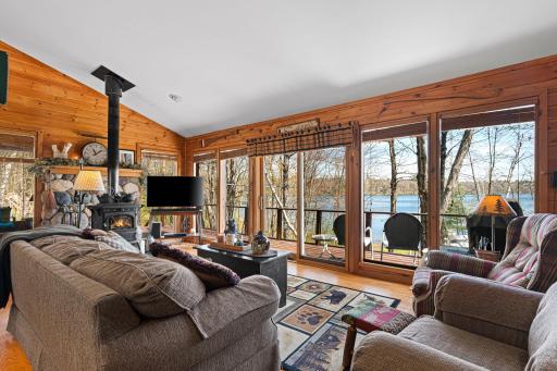 Breathtaking view of lake with floor to ceiling windows.
