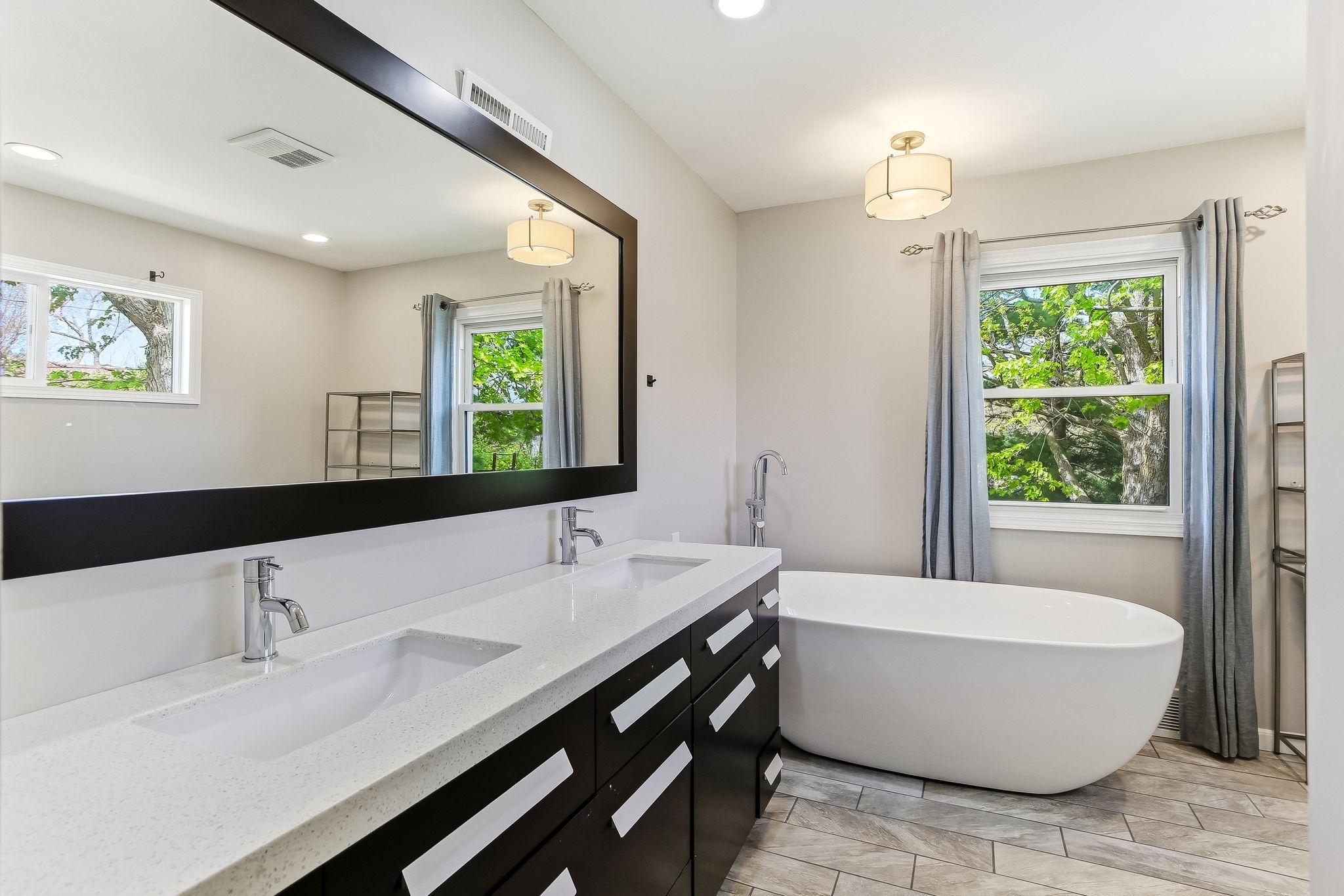Primary double vanity soaking tub