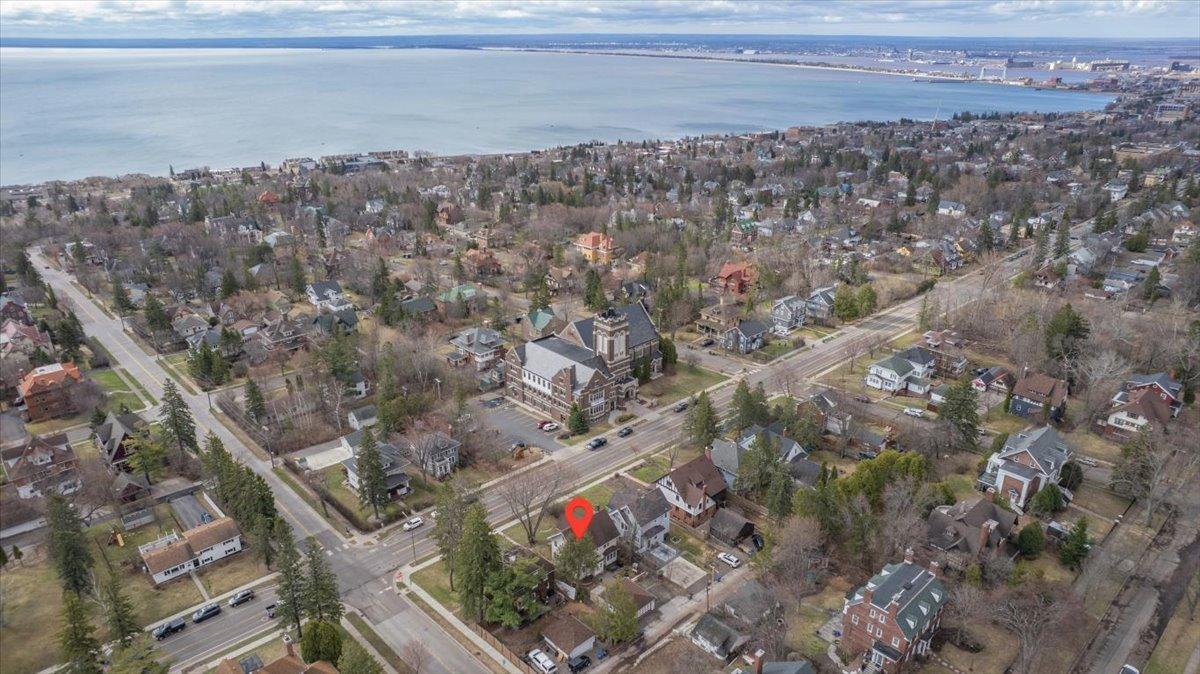 Aerial view showing close proximity to Lake Superior.