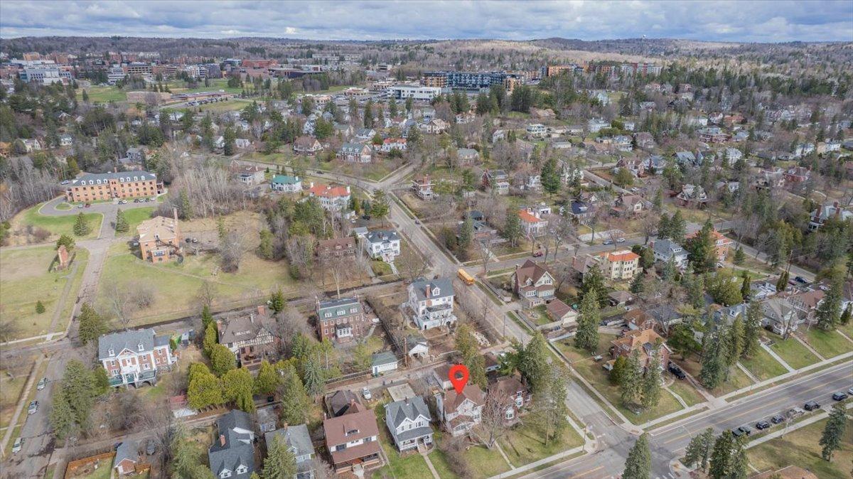 Aerial view showing the University of MN - Duluth and the surrounding historic homes.
