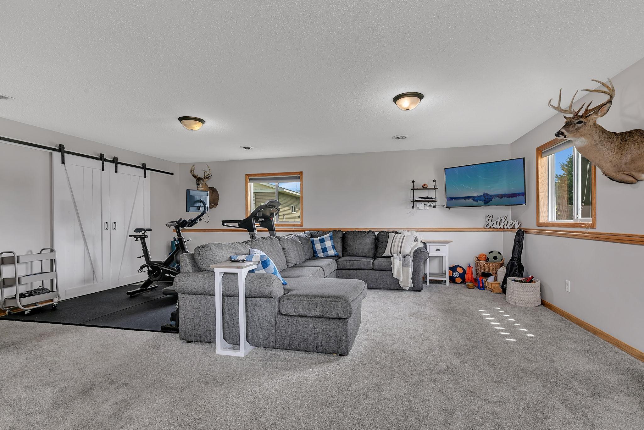 Expansive lower level family room. PLenty of space for all of your needs
