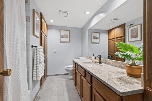 Large vanity and extra built-in storage in full bathroom.