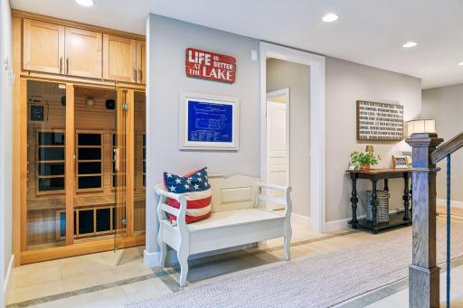 Steps from the pool is a built-in Infrared Sauna.