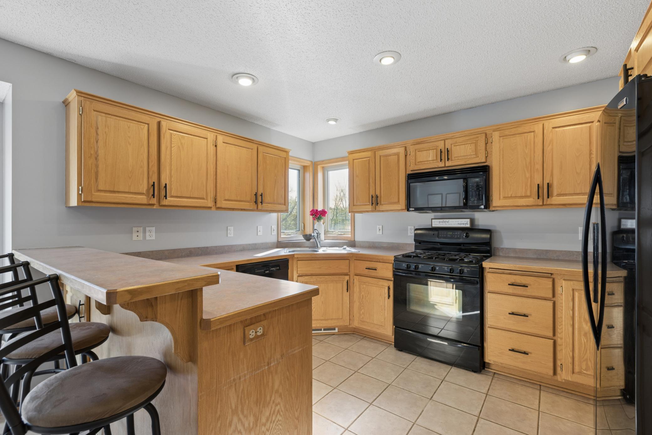 Cabinets galore! NO problem with storage here! Corner sink with backyard views is an added bonus