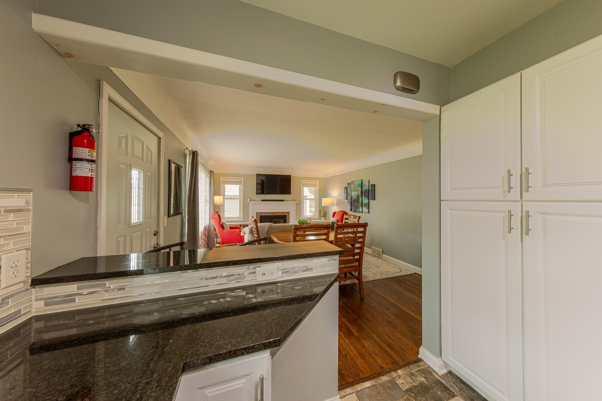 Kitchen opens up into living room