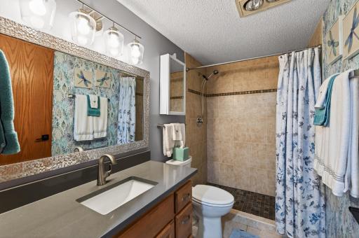 Updated 3/4 bath with new light, mirror, medicine cabinet, wallpaper accent wall and towel bar. Note the step-in tile shower!