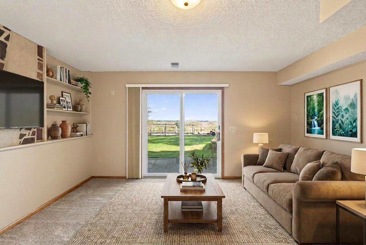 Virtually staged lower level family room.