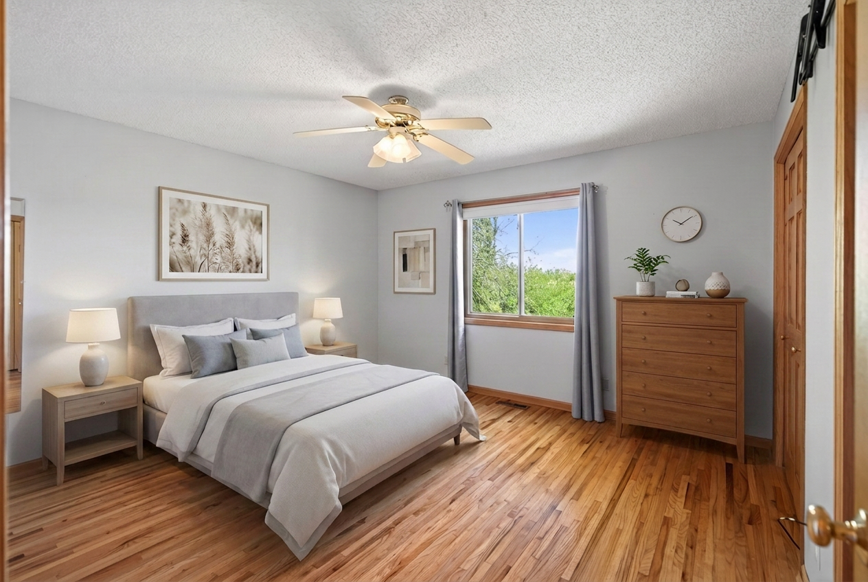 Virtually staged primary bedroom on the upper level.