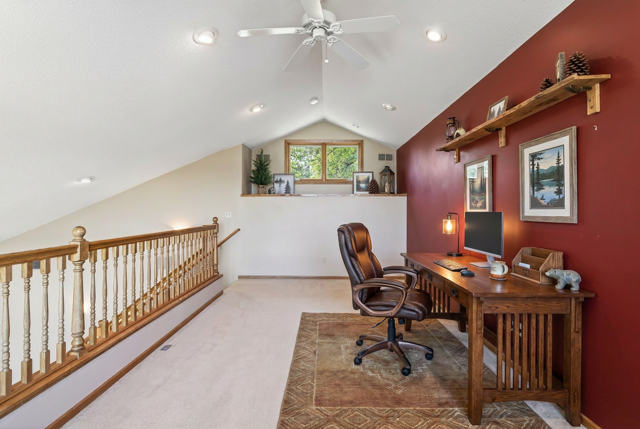 Virtually staged loft space with vision of future work from home space.