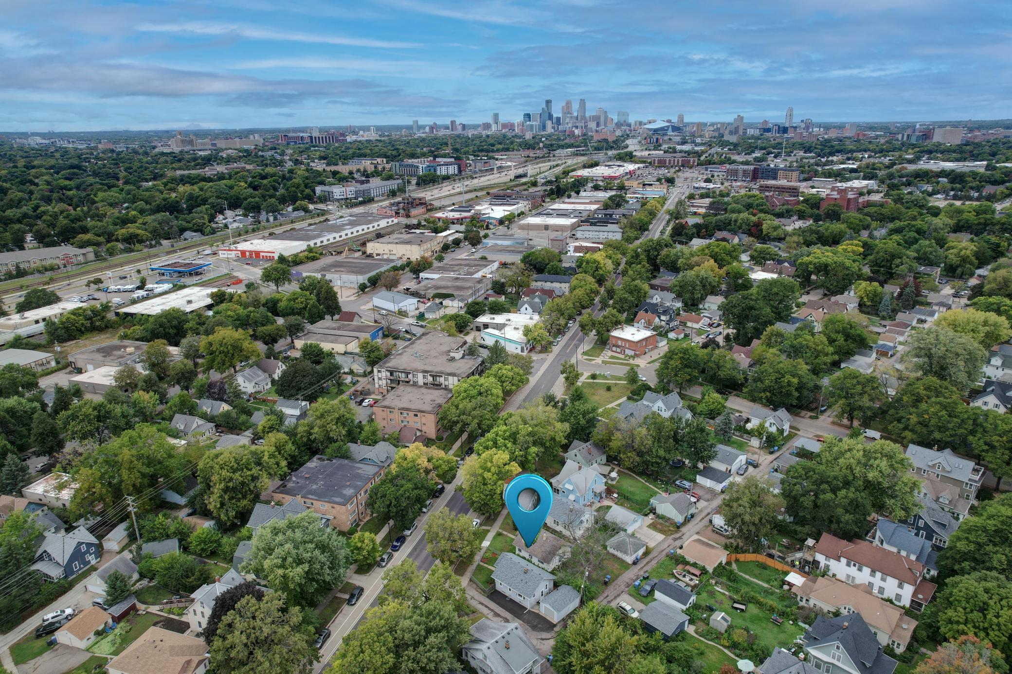 3333 Minnehaha Aerial North to Downtown. An easy Commute on the Convenient Light Rail or Buses. Travel a lot? Go South to the Airport. The New Roof looks great from above, too!