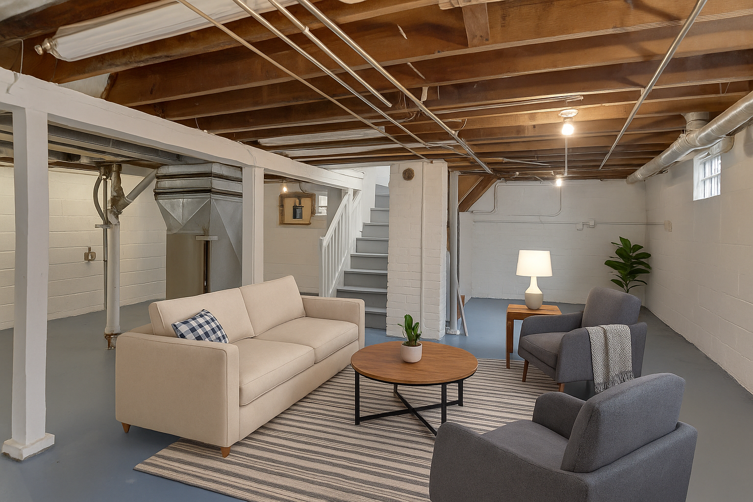 CHAT GPT LOWER LEVEL virtually staged as a Family Room area. Consider the space for a Playroom, Music Room, Fancy Closet, Storage Galore, Your Small Business, .... Paint the ceiling for your own vibe!