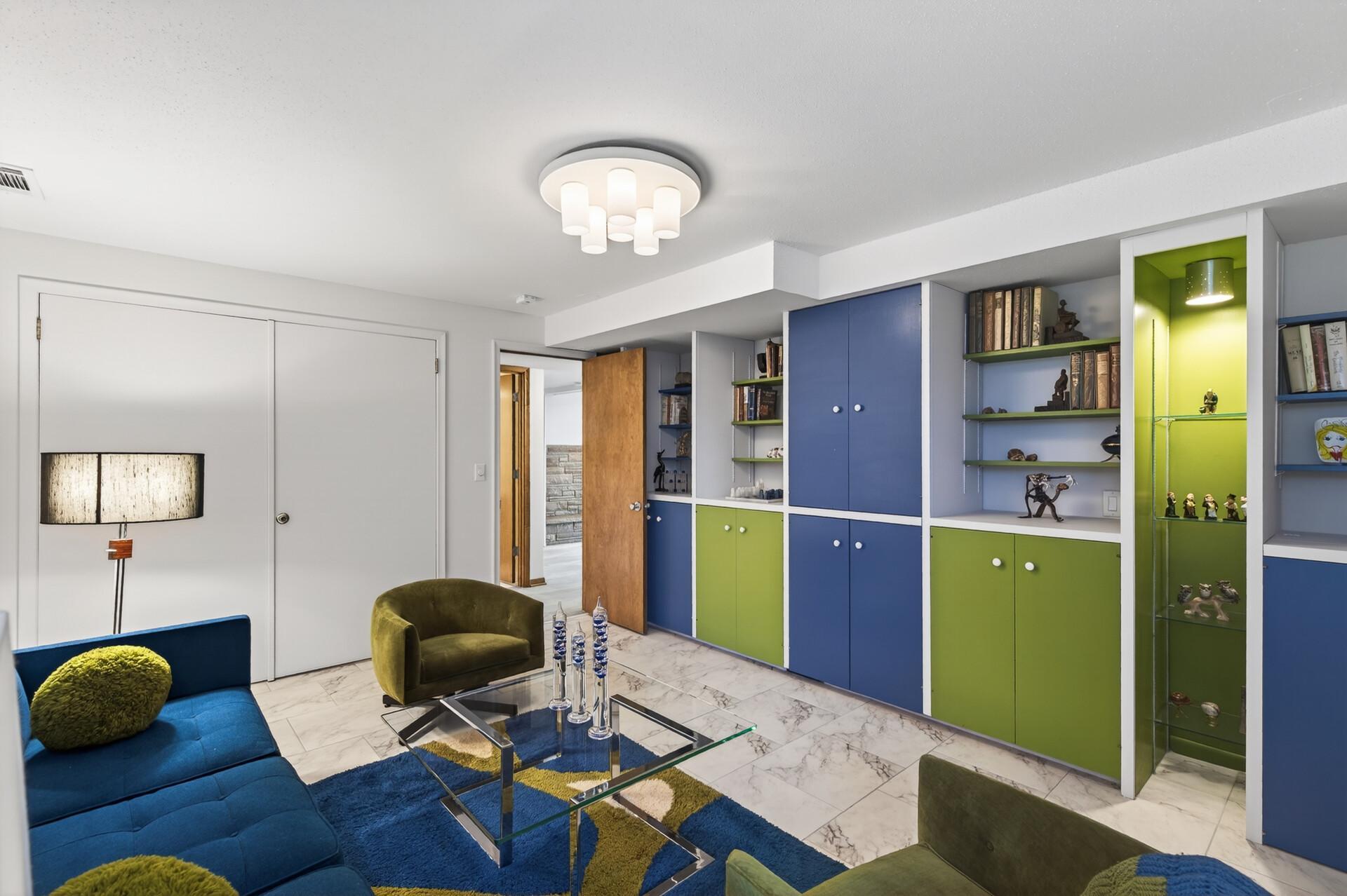 Wall of built-ins in the lower level gathering room